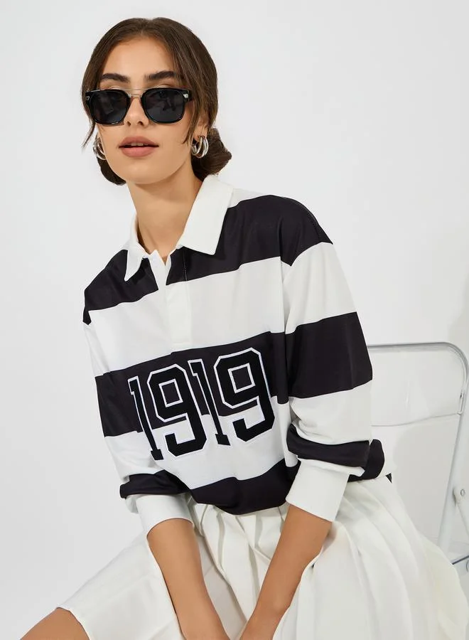 Styli Oversized Color Block Embroidered Detail Polo T-Shirt